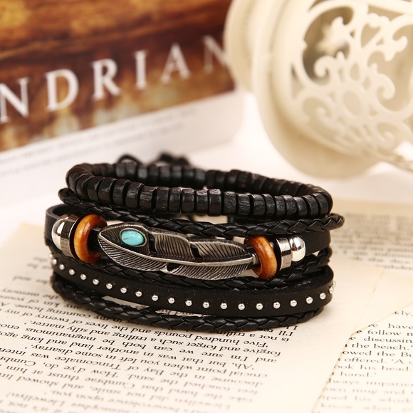 Boho Multilayer Leather Feather Beaded Bracelets - Picture 3 of 8